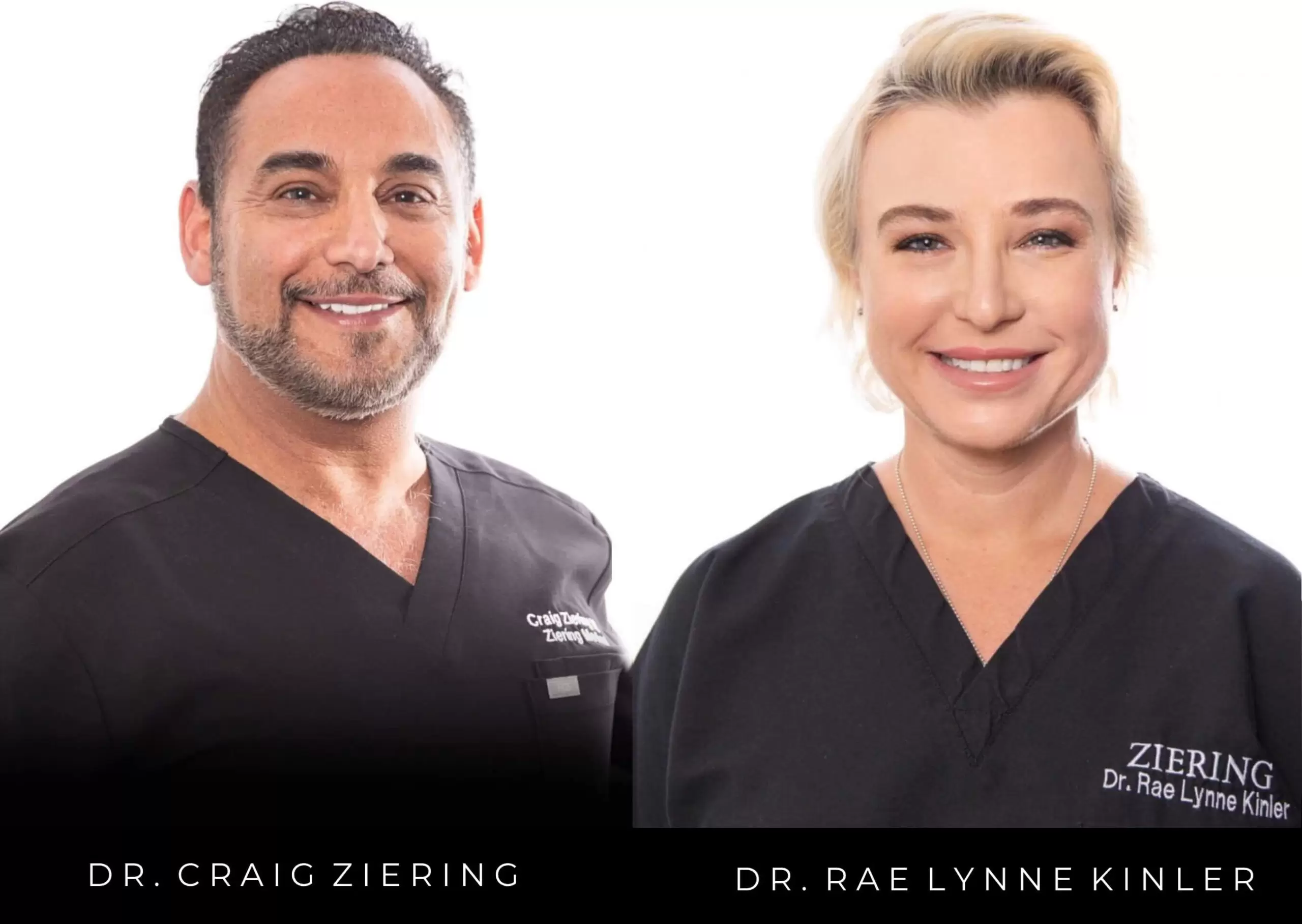Portrait of two medical professionals, Craig Ziering and Dr. Rael Lynne K, both wearing black scrubs. They are smiling and positioned side by side against a white background, conveying a friendly and approachable demeanor. This image represents expertise in the medical field, highlighting the importance of professional care and patient comfort. Ideal for use on a healthcare website or promotional material to enhance visibility and engagement.