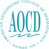 Logo of the American Osteopathic College of Dermatology (AOCD), established in 1958. The design features the acronym "AOCD" prominently in the center, surrounded by the full name of the college in an arching format. The logo is characterized by a teal color scheme and includes a wavy line motif beneath the acronym, symbolizing dermatological care. This image represents the college's commitment to promoting education and professional development in osteopathic dermatology.