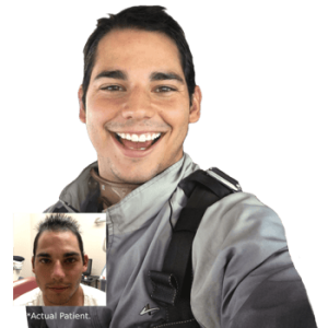 A smiling young man in a gray jacket takes a selfie, showcasing a positive demeanor. In the lower left corner, there is a smaller image of the same man looking serious and wearing a medical mask, labeled "Actual Patient." The background is plain green, emphasizing the man’s expressions and attire. This image highlights the contrast between a cheerful persona and a more serious medical context, potentially illustrating a health journey or patient experience.